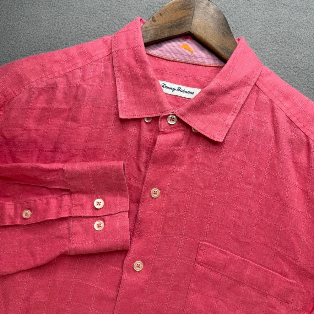 Tommy Bahama Button Up Shirt Textured Large Pink 100% Linen Long Sleeve Pocket